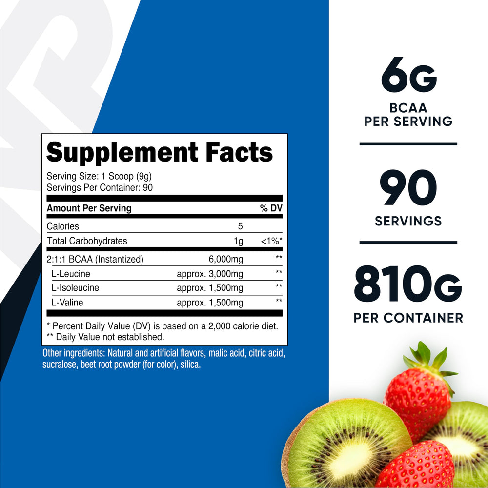 Nutricost BCAA powder visible in a shaker, Strawberry Kiwi ready to mix during training.