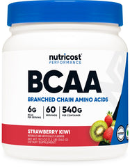 Nutricost BCAA Powder Strawberry Kiwi tub for workouts and daily training routines.