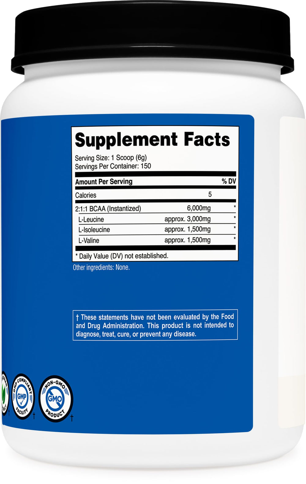 Nutricost BCAA powder tub highlighting quality and facility.