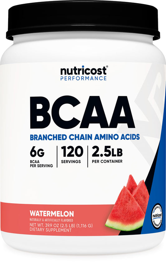 Nutricost BCAA watermelon powder bottle ready to mix for workouts