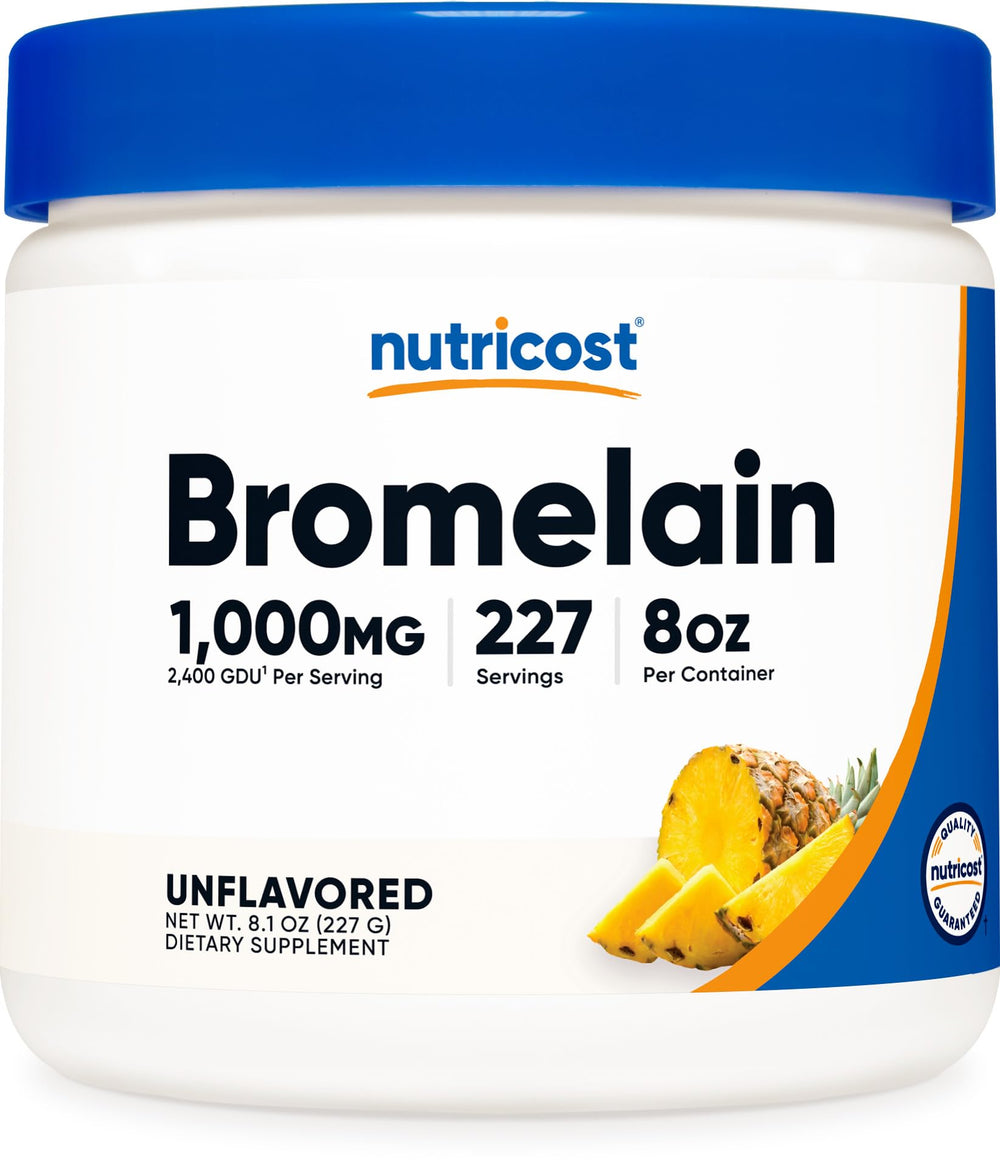 Nutricost Bromelain Powder bottle showing dosage for daily wellness.