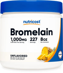 Nutricost Bromelain Powder bottle showing dosage for daily wellness.