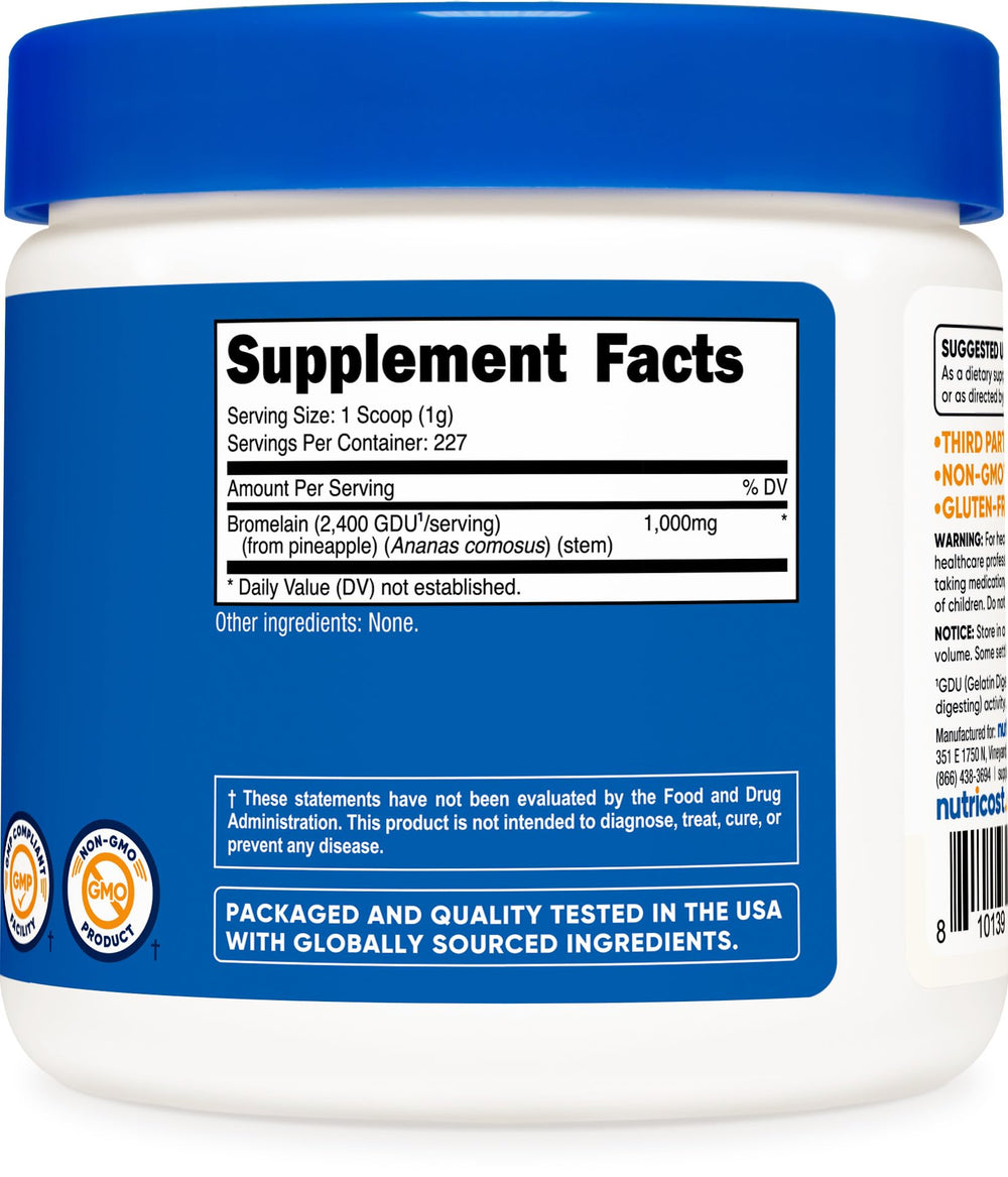 Close-up of Nutricost Bromelain Powder label signaling quality and purity.