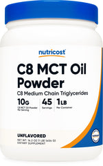 Nutricost C8 MCT Oil Powder bottle shows 95% C8 for versatile keto use