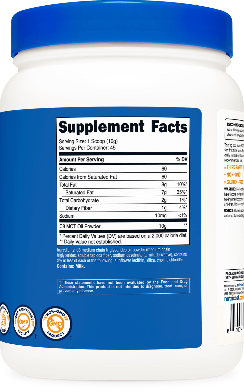Nutrition label for Nutricost C8 MCT Powder shows concentration