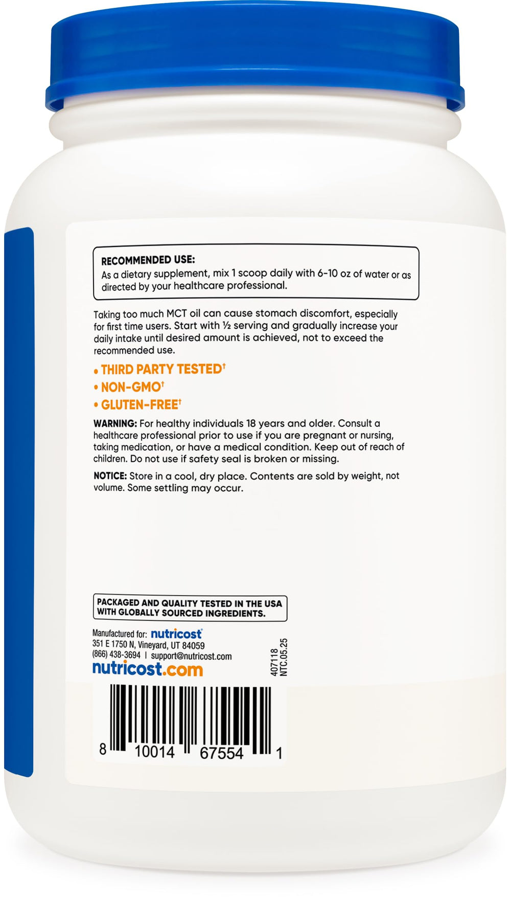 Nutricost C8 MCT Oil Powder packaging front view