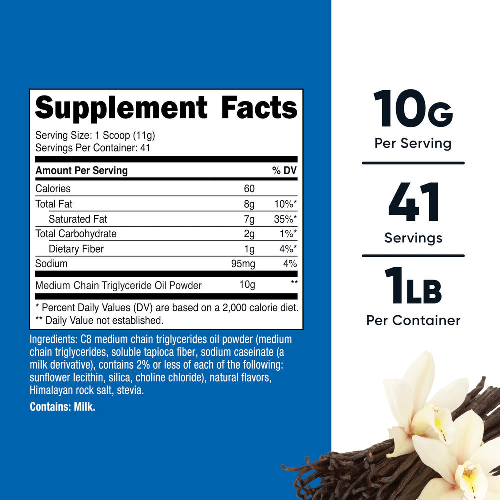 Nutricost C8 MCT Oil Powder scoop demonstrates convenient one-scoop serving