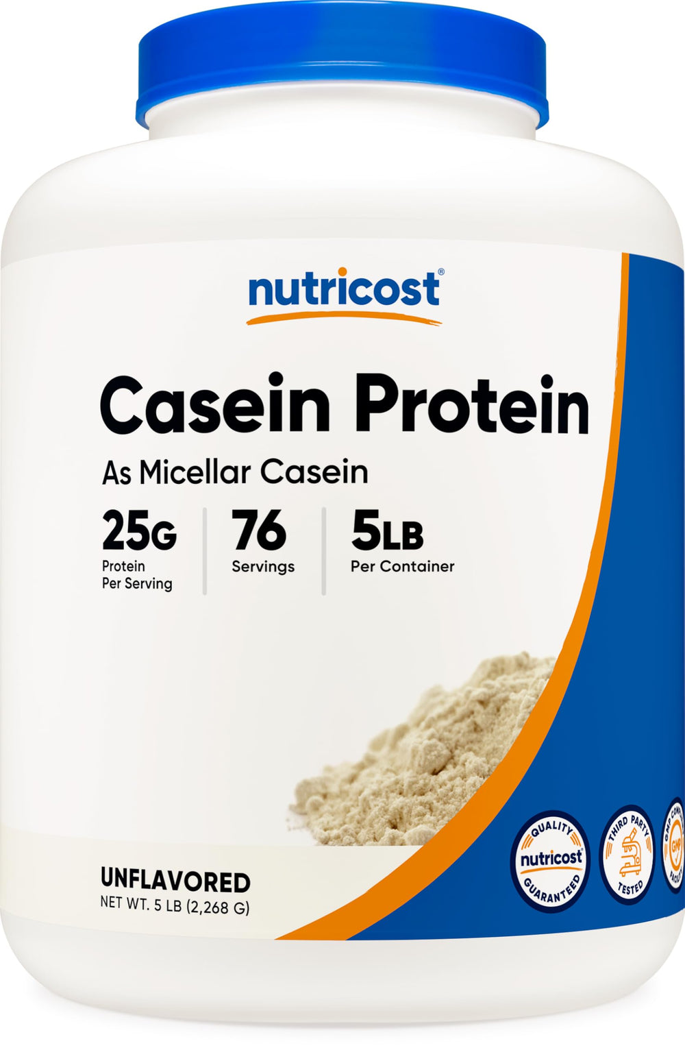 Nutricost casein powder 5lb bottle for steady protein between meals.