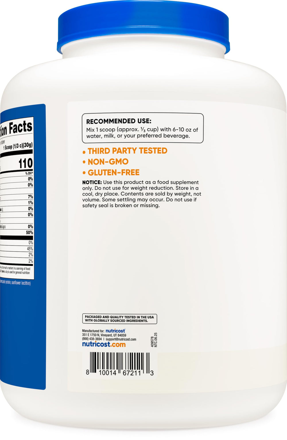 Nutricost casein powder gluten-free non-GMO label emphasizes clean protein.
