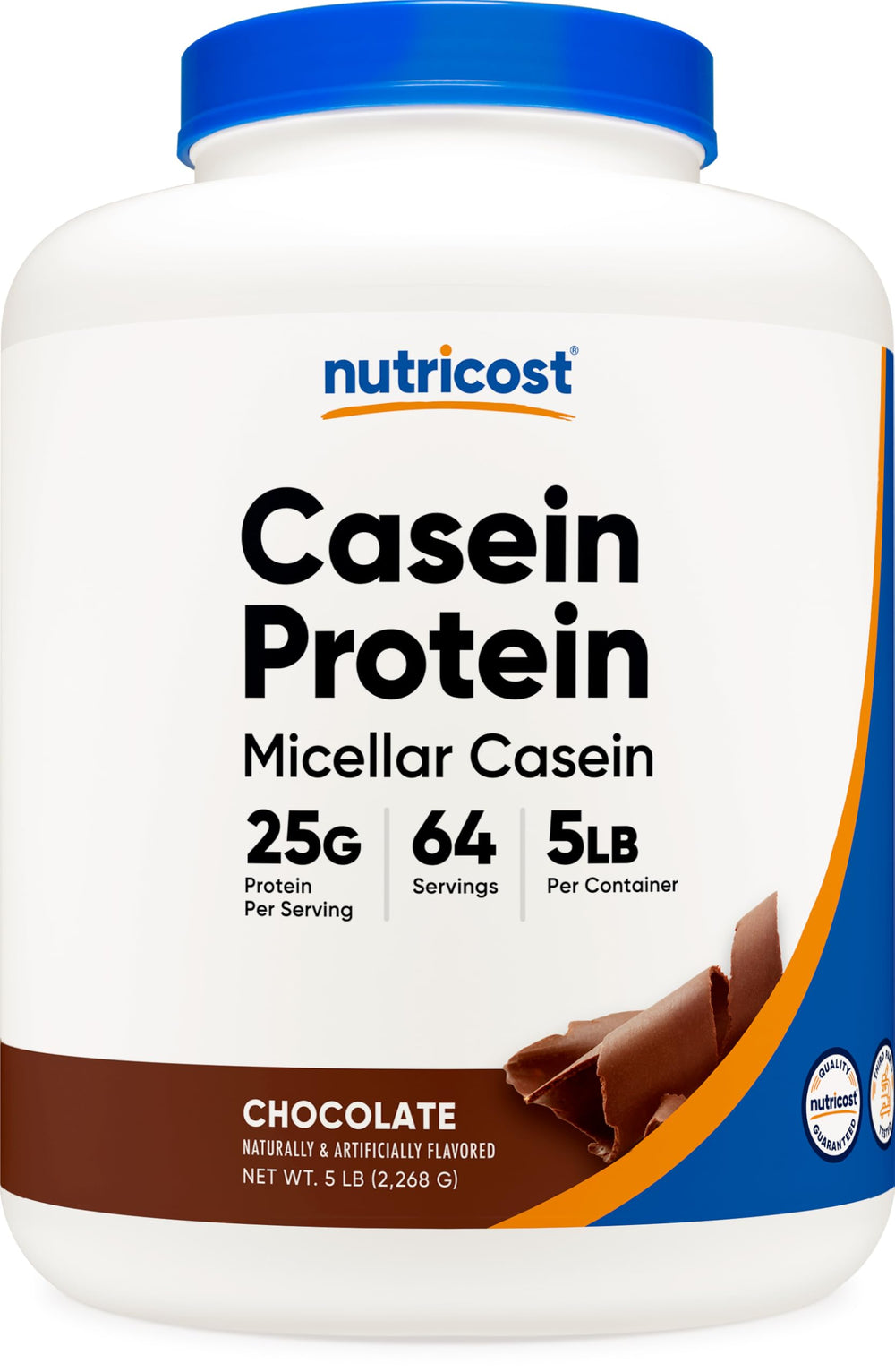 Nutricost casein powder bag with chocolate flavor for steady amino release.