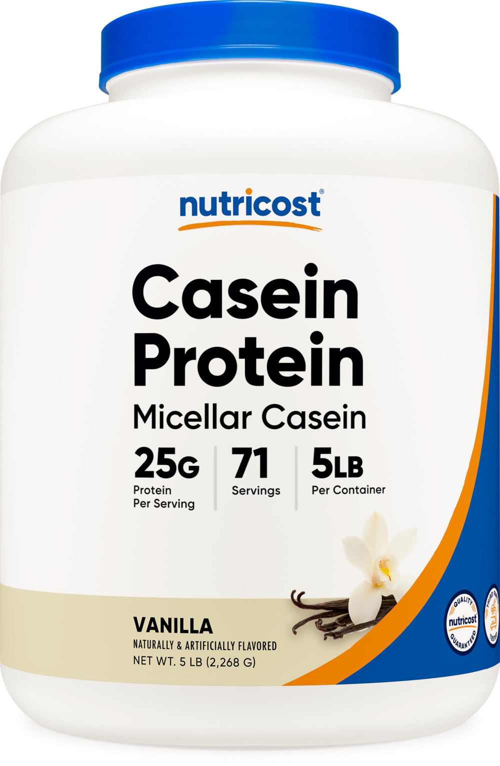 Nutricost Casein Vanilla 5lb packaging shown for convenient protein supplementation