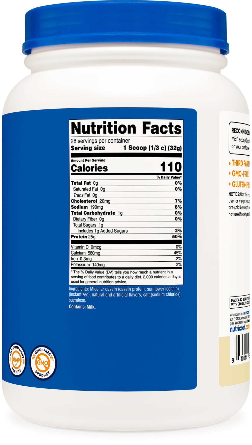 Nutricost label shows GMP facility and quality assurance.