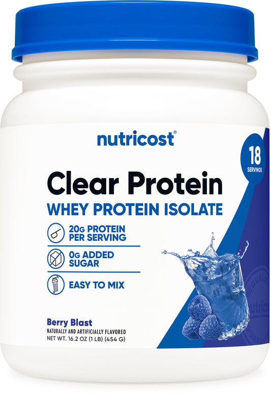 Nutricost Clear Whey Berry Blast bottle pour, high-protein, zero added sugar.