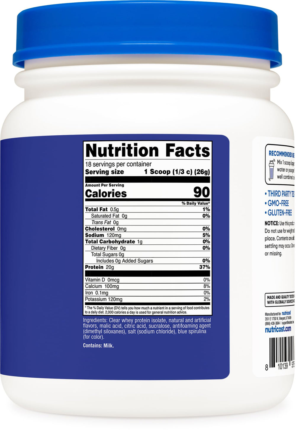 Nutricost Clear Whey Berry Blast jar on counter ready to mix.