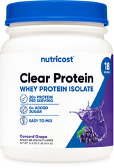 Nutricost Clear Whey Concord Grape bottle shows a crisp protein option after workouts