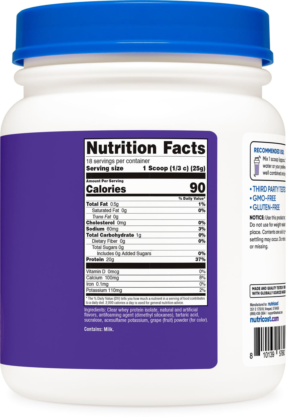 Nutricost Clear Whey Concord Grape ingredients emphasize GMO-free and gluten-free formula