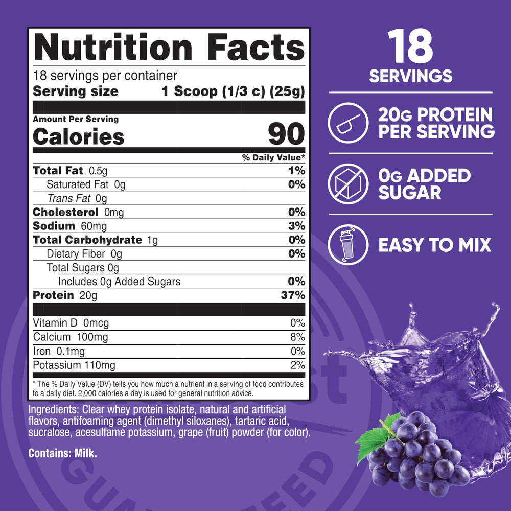 Nutricost Clear Whey Concord Grape pour highlights quick, smooth mixing for on-the-go consumption