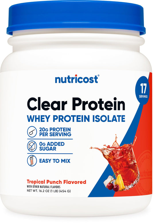 Nutricost Clear Whey Protein Isolate Tropical Punch in a 1lb bottle for quick nutrition