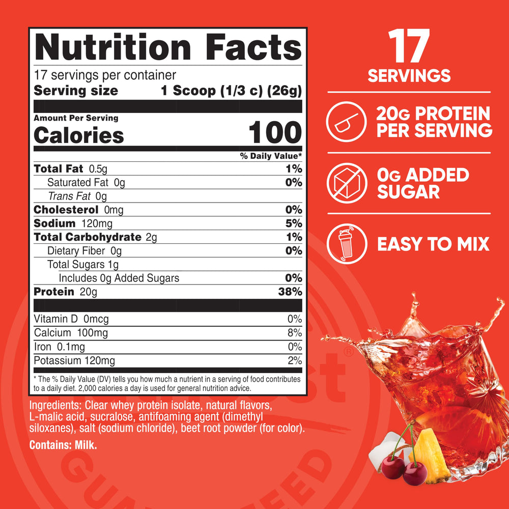 Nutricost Clear Whey Protein Isolate Tropical Punch being poured into a glass after a workout