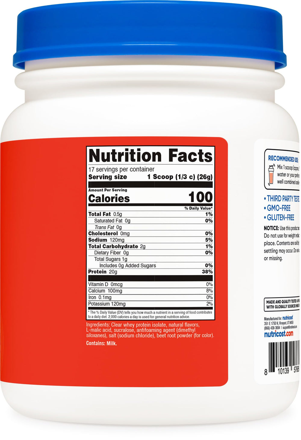 Nutrition facts panel on Nutricost Tropical Punch mix packaging