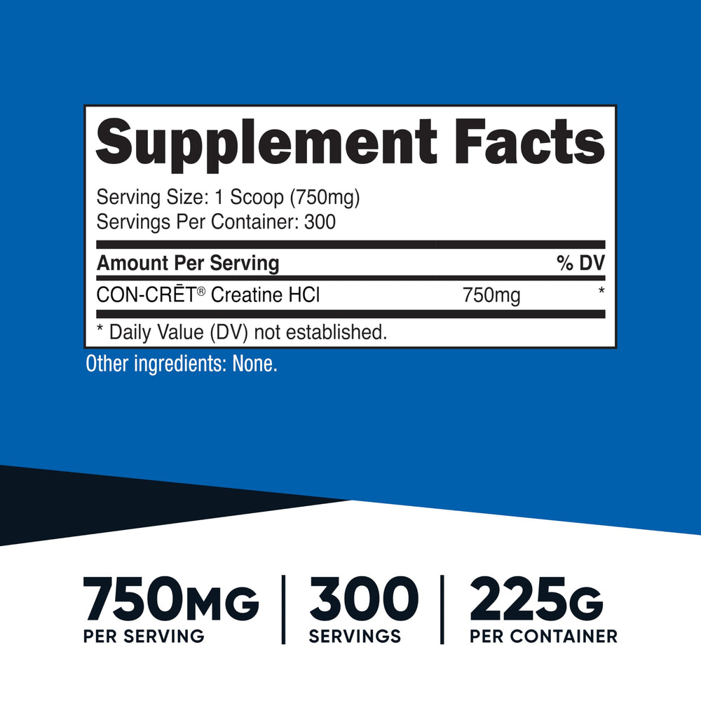 Nutricost Creatine HCl scoop beside bottle enables precise dosing.
