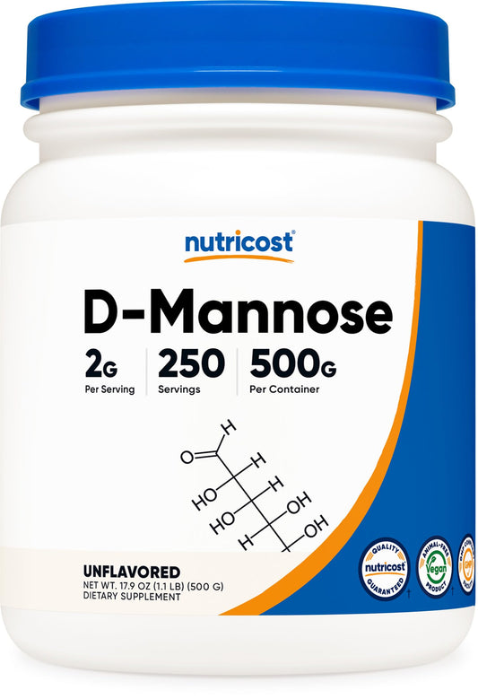 Nutricost D-Mannose powder bottle, convenient daily supplement.