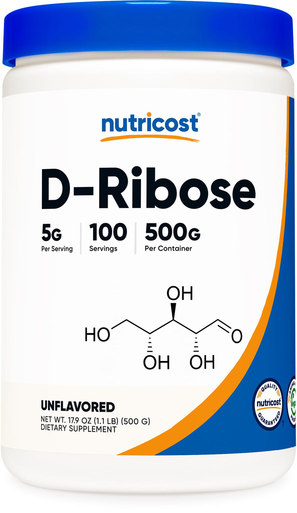 Nutricost D-Ribose powder bottle 500g with high-potency serving