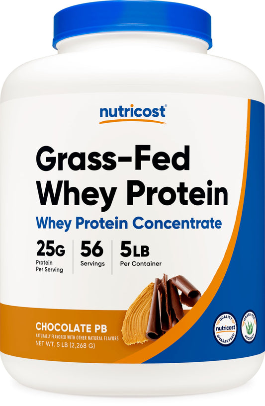 Nutricost grass-fed whey concentrate chocolate peanut butter container supports post-workout protein.