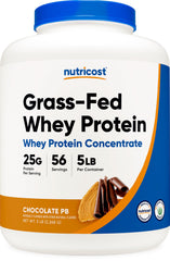 Nutricost grass-fed whey concentrate chocolate peanut butter container supports post-workout protein.