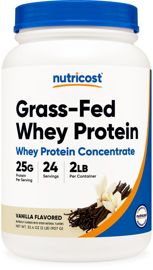 Nutricost Grass-Fed Whey Vanilla bottle front showing product packaging and label