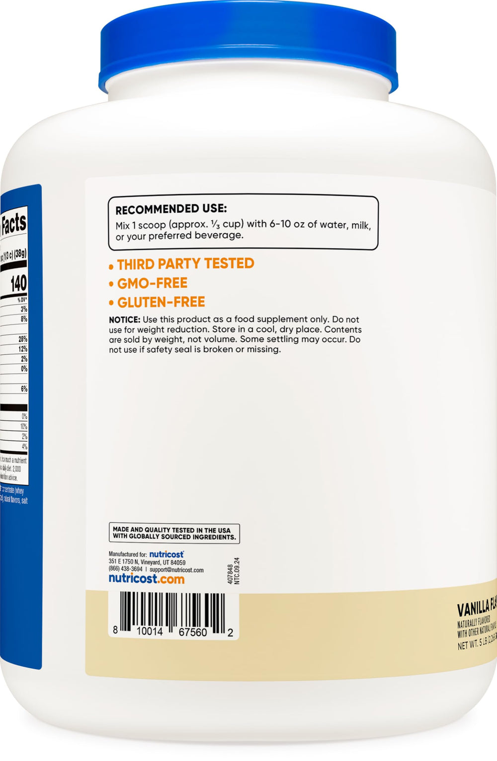 Nutricost Grass-Fed Whey Vanilla ingredients emphasize natural flavors and non-GMO status.