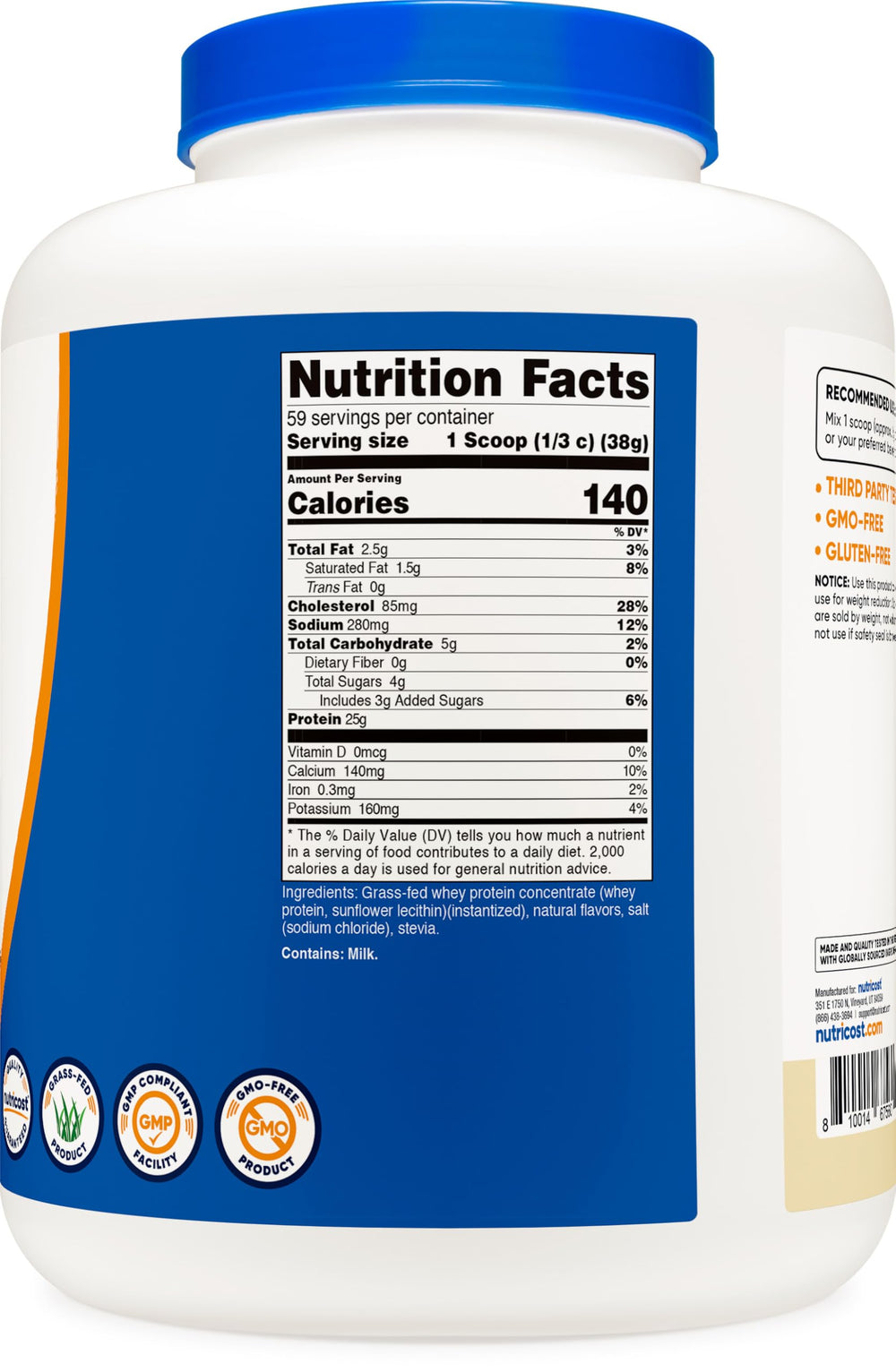 Nutricost Grass-Fed Whey Vanilla scoop in glass suggests versatile shake options.