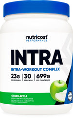 Nutricost intra green apple powder bottle for refreshing energy during workouts.