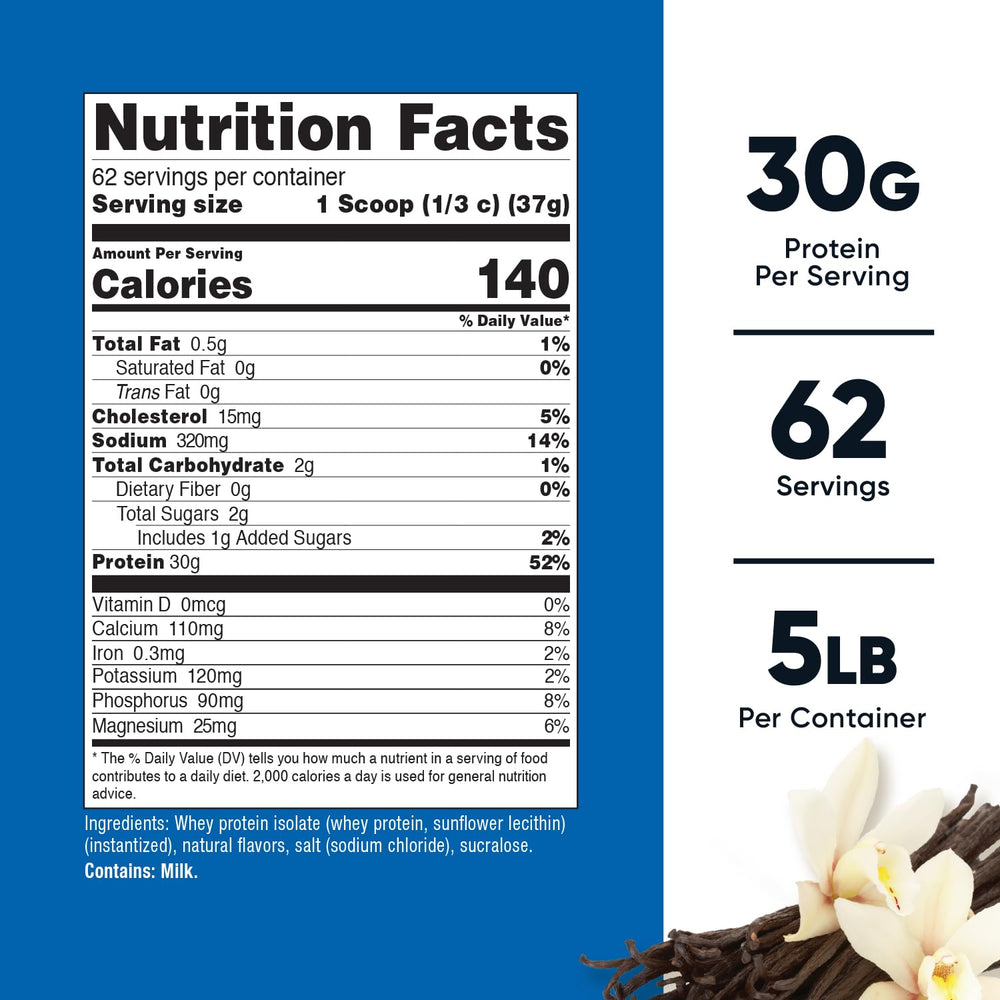 Nutricost Isolate Whey Vanilla serving scoop shows 30g protein per serving