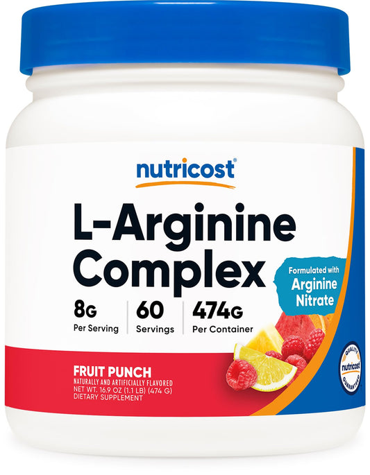 Nutricost L-Arginine Complex Fruit Punch bottle, ideal for pre-workout routine.