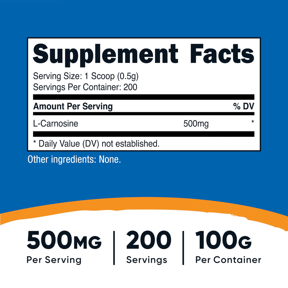 Nutricost L-Carnosine powder scoop shown for convenient 500 mg servings.