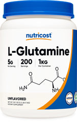 Nutricost L-Glutamine Powder bottle shows label and gluten-free, non-GMO positioning