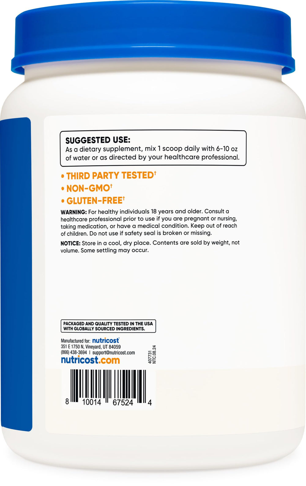 Nutricost L-Glutamine Powder container label with clear ingredients claim