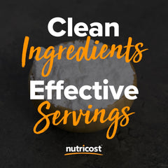Nutricost L-Glutamine Powder tub highlighting vegan-friendly formula