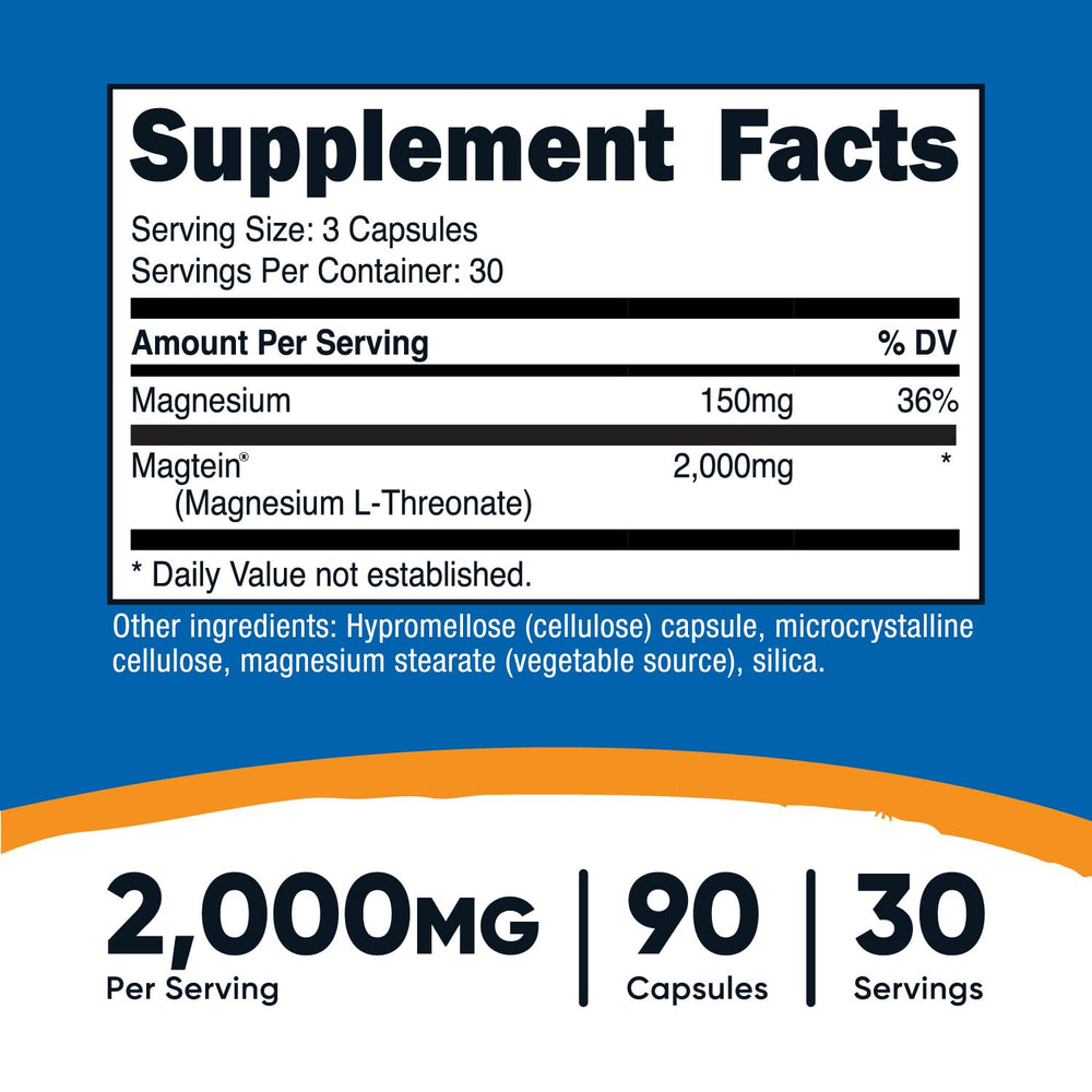 Nutricost Magtein capsules close-up with 90-capsule monthly supply.