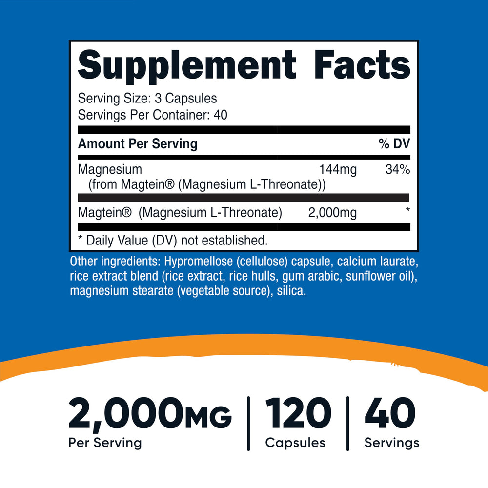 Nutricost Magtein label close-up showing 2,000 mg per serving