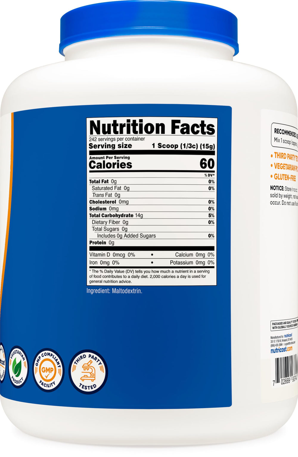 Nutricost Maltodextrin label close-up highlights purity.