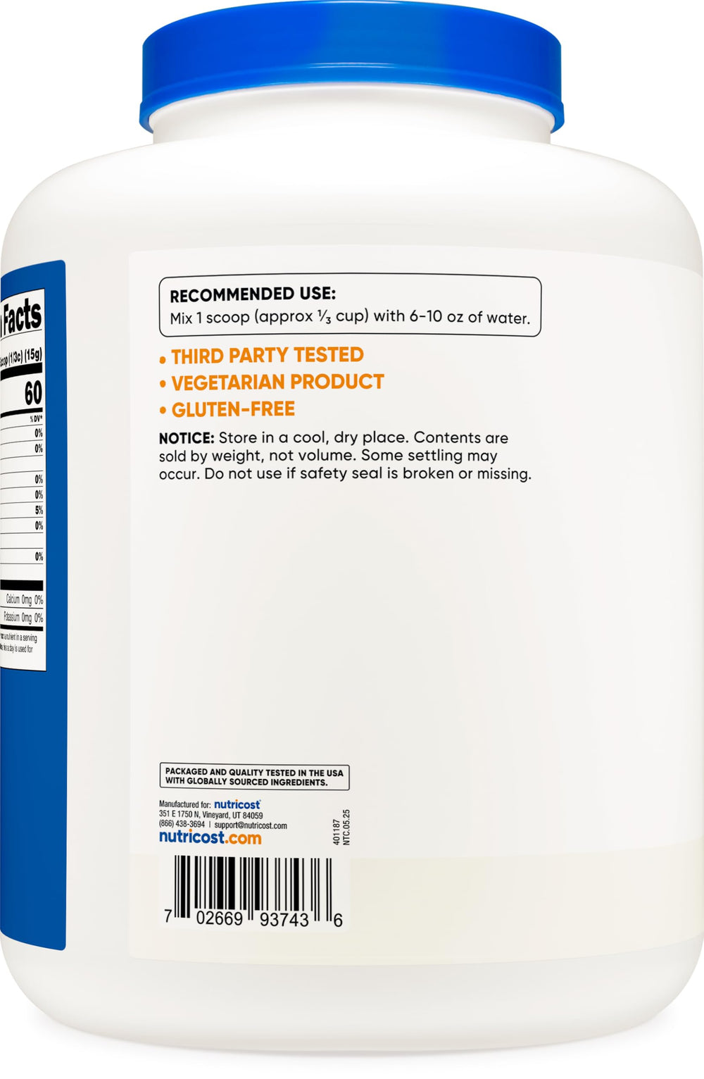 Nutricost manufacturing facility seal shows NSF GMP FDA registration.