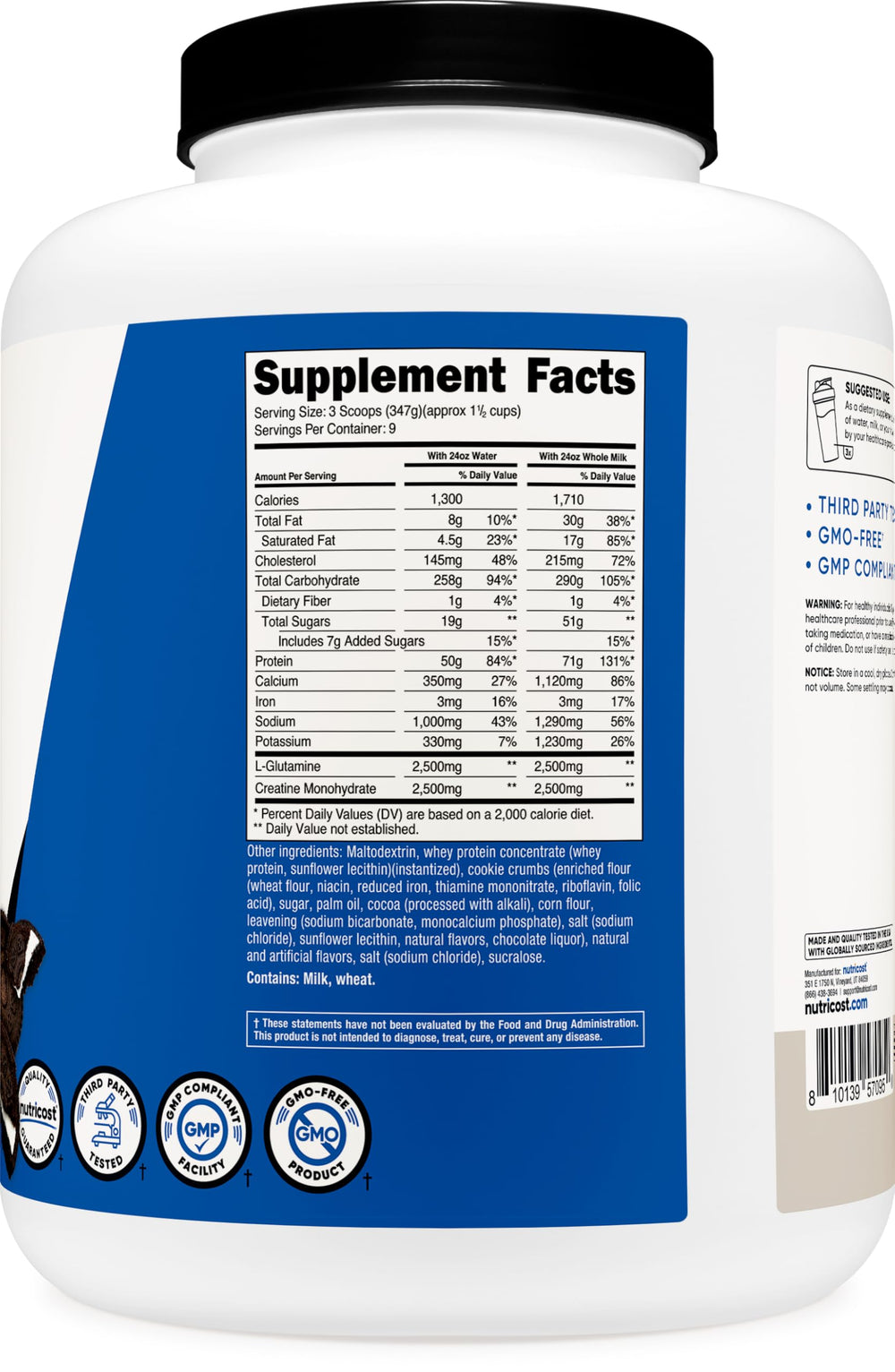 Label highlights non-GMO and quality testing for Nutricost mass gainer.