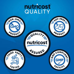 Close-up of cookies n cream powder scoop beside the Nutricost jar.
