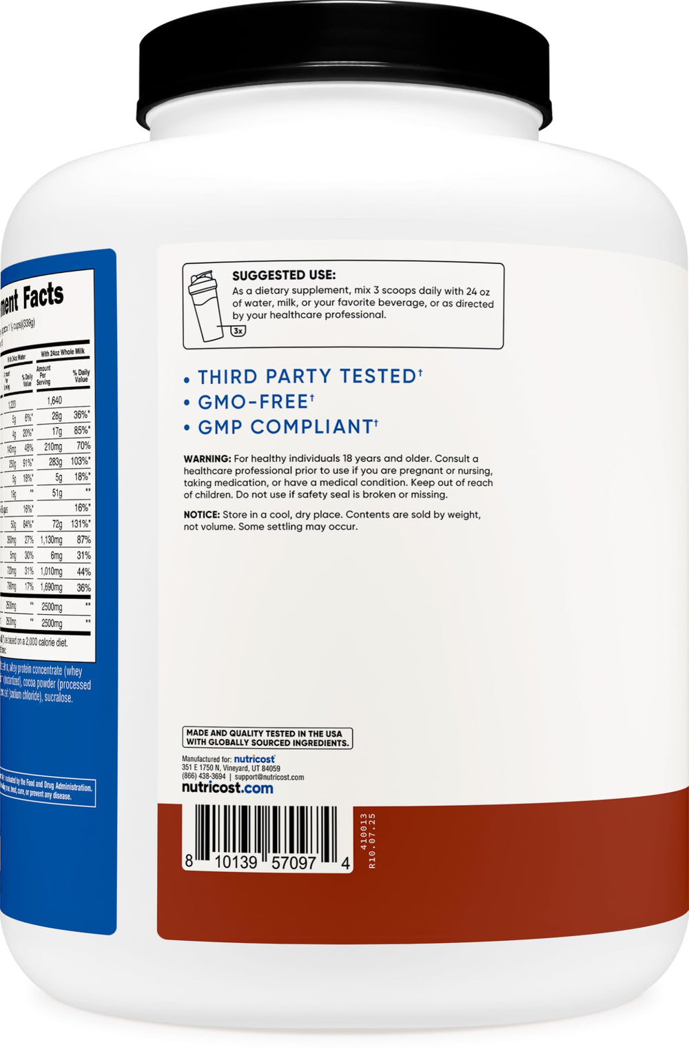 Nutricost Mass Gainer Double Chocolate ingredients label with whey, creatine and L-glutamine