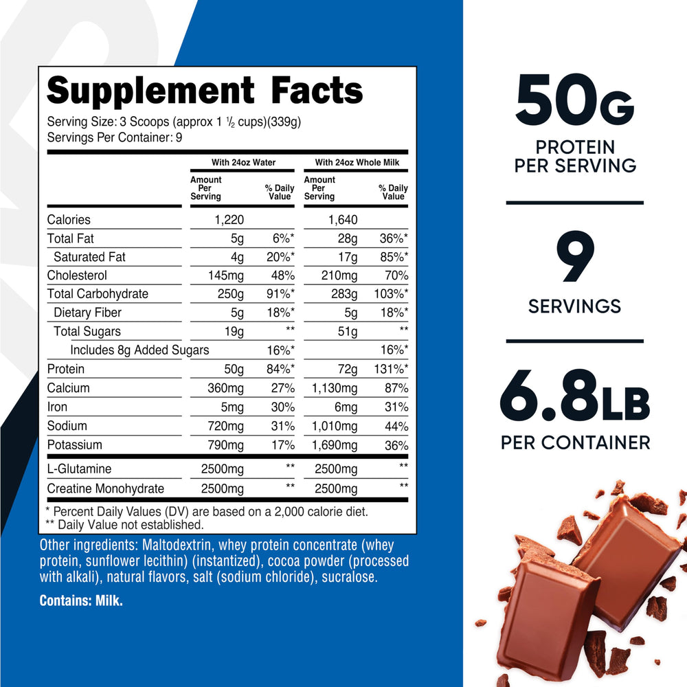 Nutricost Mass Gainer Double Chocolate scoop displaying 50 g protein per serving