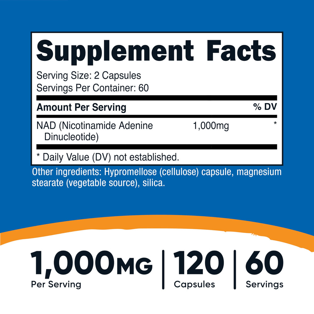 Nutricost NAD+ serving lineup showing 60 servings per bottle