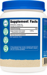 Nutricost Organic Cinnamon Powder label highlights organic and GMO-free credentials.