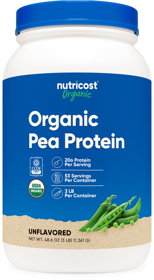 Nutricost Organic pea protein powder bottle features clean packaging for versatile plant protein in smoothies